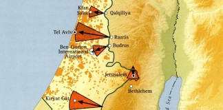An excerpt of a map showing threats to Israeli population centers from the West Bank. Jerusalem Center for Public Affairs.