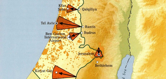 An excerpt of a map showing threats to Israeli population centers from the West Bank. Jerusalem Center for Public Affairs.