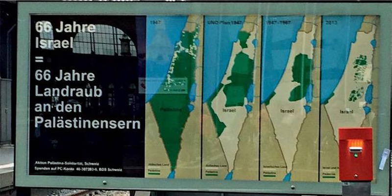 Auch die Schweizer "Palästina Solidarität" benutzt die fehlerhaften und manipulativen Karten. Aushang SBB Bahnhof Zürich 2014. Foto Twitter