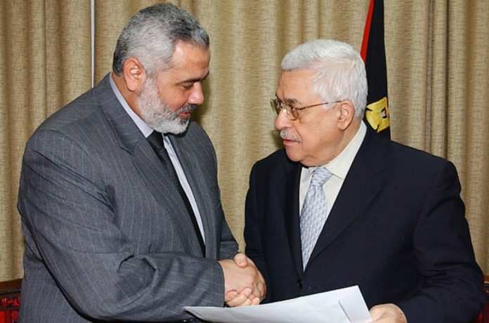 Hamas Chef Ismail Haniyya und der PA-Vorsitzende Mahmoud Abbas. Foto Twitter / Alray.ps
