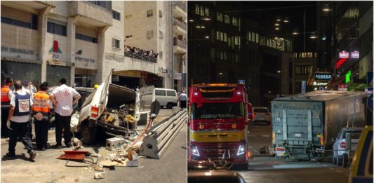 Links, Attentat in Jerusalem am 2. Juli 2008. Foto PD. Rechts, Attentat am 7. April 2017 in Stockholm. Foto Frankie Fouganthin, CC BY-SA 4.0, Wikimedia Commons.