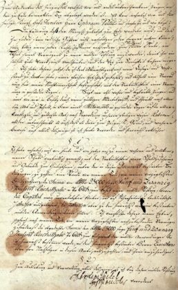 Erste und letzte Seite der Stiftungurkunde von 1799 mit der Unterschrift des Stifters (Brandenburgisches Landeshauptarchiv)