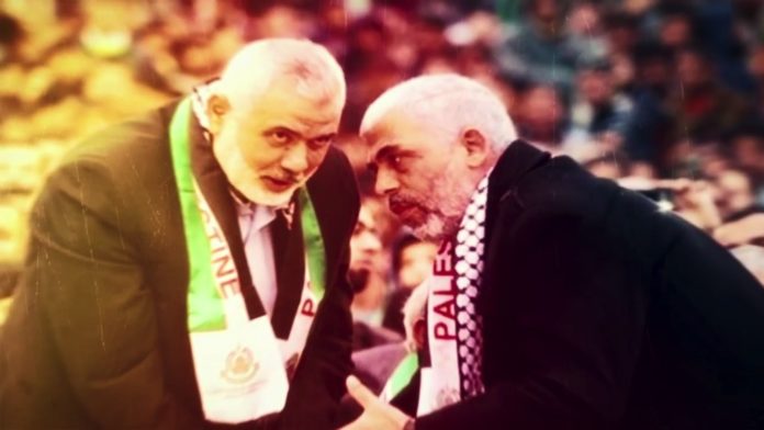 Der Vorsitzende des Hamas Politbüros Ismail Hanija (links) mit dem Chef der Gaza-Hamas, Yahya Sinwar (rechts). Foto Screenshot Youtube
