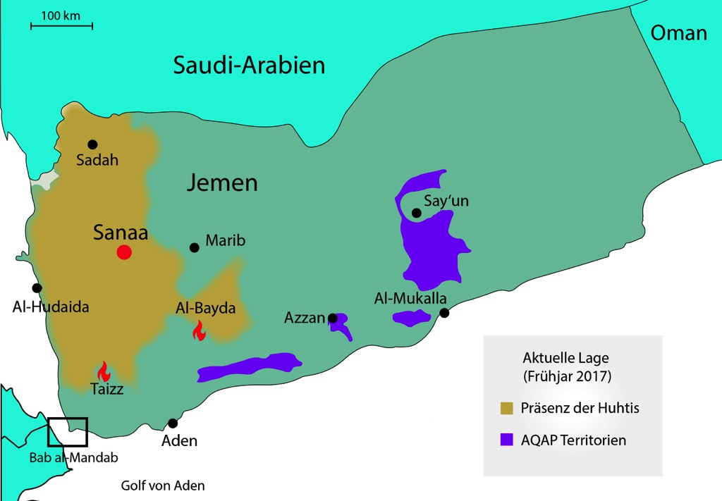 Frontlinien im Frühjahr 2017, eigene Darstellung, in Anlehnung an: Mapping the Yemen Conflict, European Council on Foreign Relations, http://www.ecfr.eu/mena/yemen.