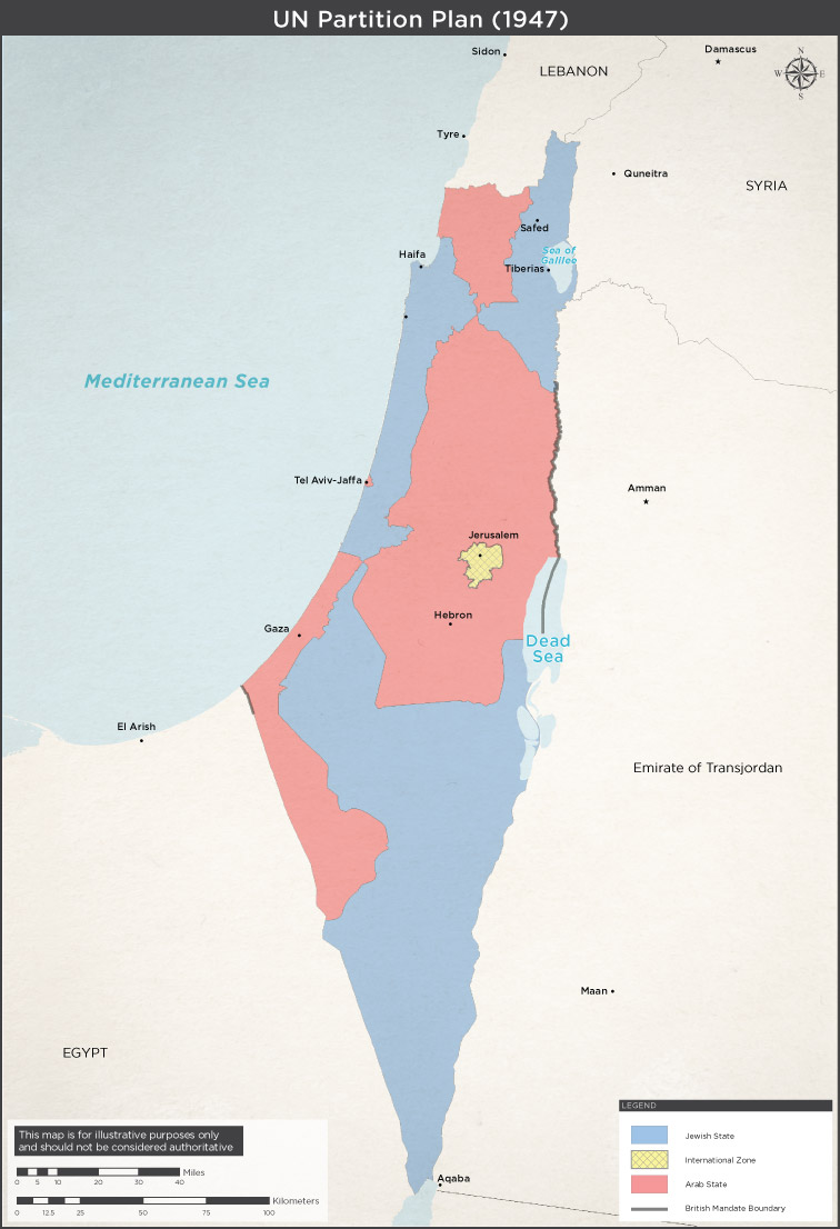 Am 29. November 1947 stimmte die UN-Generalversammlung über den Teilungsplan ab, der mit 33 zu 13 Stimmen bei 10 Enthaltungen angenommen wurde. Die jüdische Seite akzeptierte den UN-Plan zur Gründung von zwei Staaten. Die Araber lehnten es ab und starteten einen Vernichtungskrieg gegen den jüdischen Staat. 