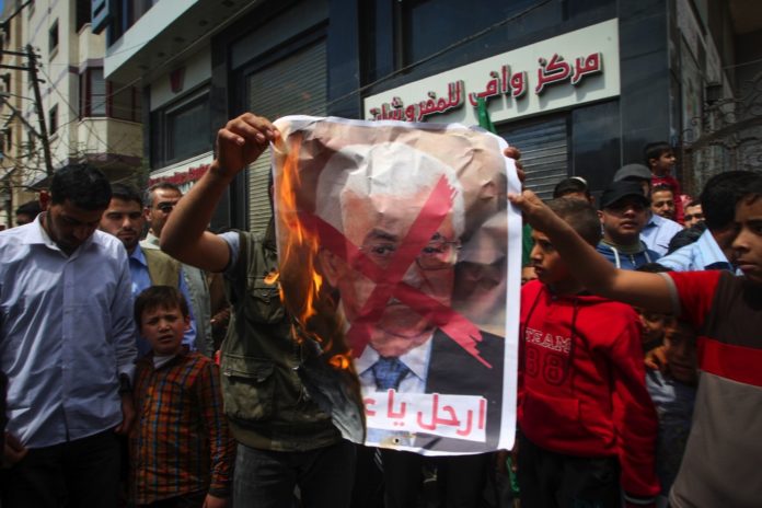 Demonstranten in Gaza verbrennen ein Porträt von Mahmoud Abbas. Foto Abed Rahim Khatib/Flash90