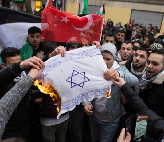 Symbolbild. Teilnehmer einer Demonstration verbrennen im Dezember 2017 eine Fahne mit einem Davidstern in Berlin im Stadtteil Neukölln. Foto Jüdisches Forum für Demokratie und gegen Antisemitismus e.V / www.jfda.de