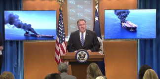 Medienkonferenz von US-Aussenminister Mike Pompeo zum Angriff auf zwei Öltanker im Golf von Oman, 13. Juni 2019. Foto Screenshot U.S. Department of State / Youtube
