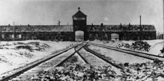 Torhaus des KZ Auschwitz-Birkenau, Aufnahme kurz nach der Befreiung 1945. Foto Bundesarchiv, B 285 Bild-04413 / Stanislaw Mucha / CC-BY-SA 3.0, CC BY-SA 3.0 de, https://commons.wikimedia.org/w/index.php?curid=5337694