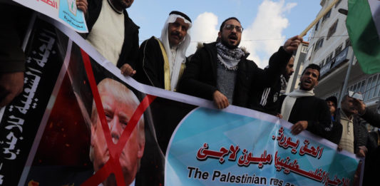 Demonstration in Gaza-Stadt gegen den Friedensplan für den Nahen Osten. Gaza, 28. Januar 2020. Foto Majdi Fathi/TPS