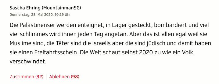 Ein antisemitisch angehauchter Kommentar unter dem Interview mit Lazzarini wird vom Schweizer Radio und Fernsehen seit einer Woche stehen gelassen. Screenshot  https://www.srf.ch/news/international/palaestinenserhilfswerk-unrwa-wir-sind-teil-der-loesung-nicht-des-problems
