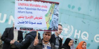 Bewohner des Gazastreifens halten Schilder während einer Solidaritätskundgebung für UNRWA. Foto Majdi Fathi/TPS