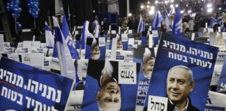 Das Hauptquartier der Likud-Partei im Tel Aviver Kongresszentrum in Ganei HaTaarucha, nach der Bekanntgabe der Wahlergebnisse für die 23. israelische Knesset am 2. März 2020. Foto Eitan Elhadez/TPS