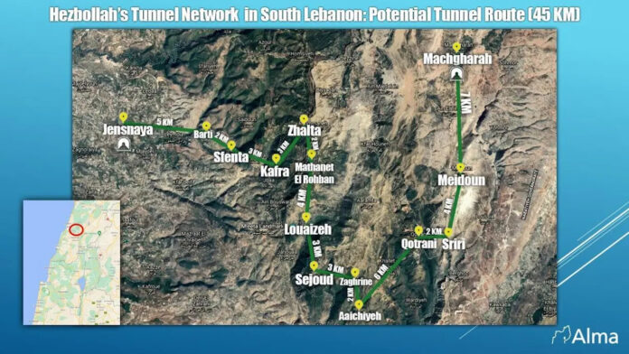 Die Tunnelroute der Hisbollah im Südlibanon. Foto Screenshot Bericht Alma Research and Education Center