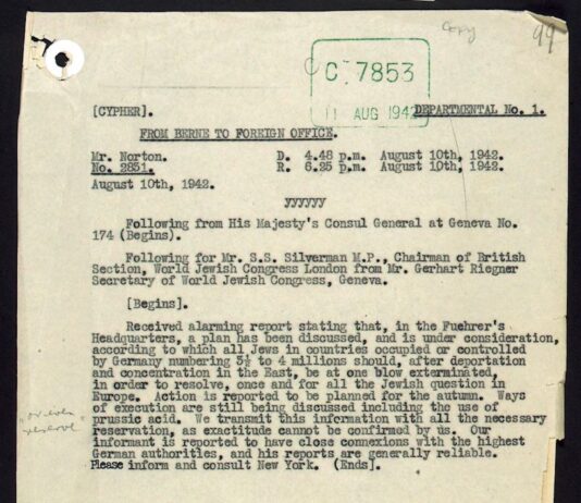 Das Originaltelegramm von Riegner. Foto The National Archives UK - Riegner TelegramUploaded by oaktree_b, Public Domain, https://commons.wikimedia.org/w/index.php?curid=20976759