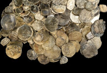Ein Schatz mit Münzen aus der Mamlukenzeit, der kürzlich in einem Schiffswrack vor der Küste von Caesarea entdeckt wurde. Foto Dafna Gazit/Israelische Altertumsbehörde