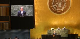 Der israelische Botschafter bei den Vereinten Nationen Gilad Erdan spricht vor der Generalversammlung am 20. Januar 2022. Foto Ständige Vertretung Israels bei den Vereinten Nationen.