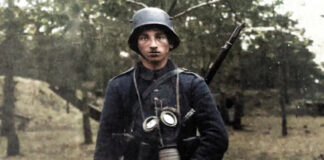 Nachträglich gefärbtes Foto von Richard Stern als deutscher Soldat im Ersten Weltkrieg. Foto Jack Romberg / Nationalbibliothek von Israel