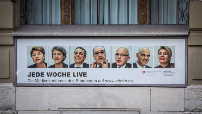 Die sieben Bundesräte der Schweiz. Foto IMAGO / Andreas Haas