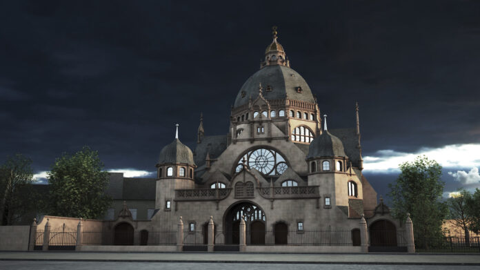 Virtuelle Darstellung der Synagoge in Dortmund mit ihrem fast orientalisch anmutenden Kuppelbau. Foto Marc Grellert