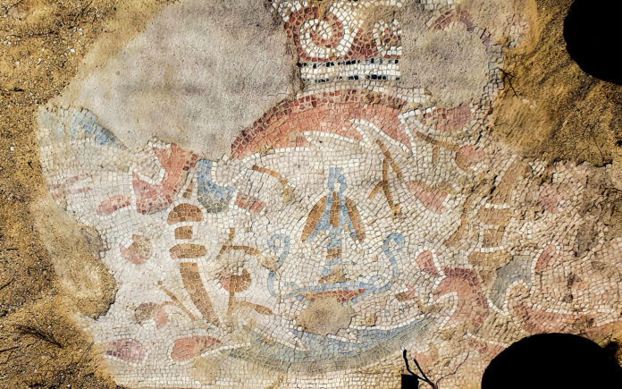 Dekorative Elemente im Mosaikpflaster eines antiken Klosters in Horbat Hani, in der Nähe der zentralen Stadt Shoham. Foto Gilead Stern/Israel Antiquities Authority