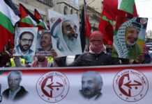 Anhänger der Volksfront für die Befreiung Palästinas (PFLP) an einer Kundgebung zum 54. Jahrestag ihrer Gründung in der Stadt Nablus am 18. Dezember 2021. Foto IMAGO / ZUMA Wire