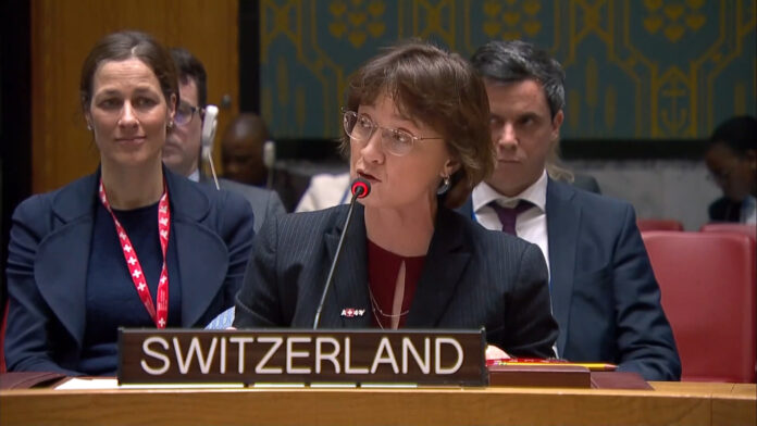Die Schweizer UN-Botschafterin Pascale Baeriswyl. Foto Screenshot UN Webcast