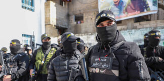 Mitglieder der Al-Quds-Brigaden, des Palästinensischen Islamischen Dschihad, am 13. April 2023 in der Stadt Dschenin. Foto IMAGO / APAimages
