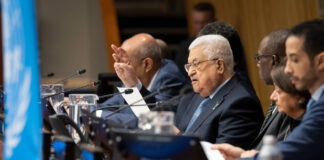 Der palästinensische Präsident Mahmoud Abbas spricht im UN-Hauptquartier in New York, 15. Mai 2023. Foto IMAGO / Xinhua