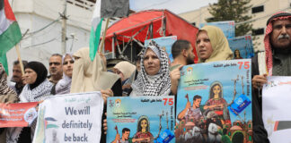 Palästinenser am 15. Mai 2023 in Gaza-Stadt an einer Demonstration anlässlich des 75. Jahrestages der sogenannten "Nakba", vor der Organisation der Vereinten Nationen für Bildung, Wissenschaft und Kultur (UNESCO). Foto IMAGO / APAimages