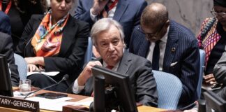 Generalsekretär Antonio Guterres am 24. Oktober 2023 im UN-Hauptquartier in New York an der Sitzung des Sicherheitsrats zur Lage im Nahen Osten. Foto IMAGO / Sipa USA