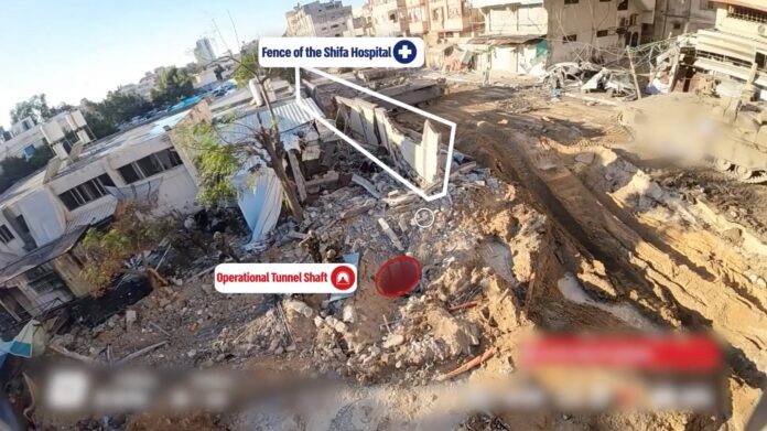 Am Donnerstag, den 17. November 2023, legten die Israelischen Verteidigungsstreitkräfte (IDF) und der Geheimdienst der Israelischen Sicherheitsbehörde (ISA) einen 55 Meter langen Terrortunnel frei, der sich 10 Meter tief unter dem Al-Shifa-Krankenhauskomplex befand. Foto IMAGO / UPI Photo