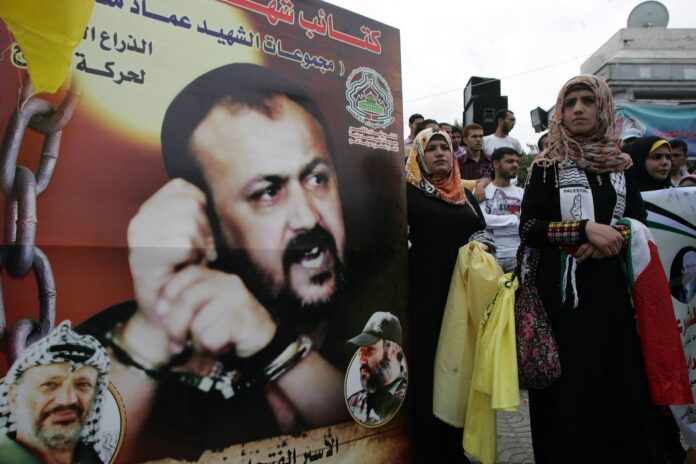 Plakat von Marwan Barghouti, dem Fatah-Führer in israelischer Haft, während einer Kundgebung in Gaza-Stadt. Foto IMAGO / UPI Photo