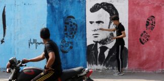 Anti-französisches Wandbild gegen Präsident Emmanuel Macron in Nusseirat im zentralen Gazastreifen, am 28. Oktober 2020. Foto IMAGO / ZUMA Press Wire